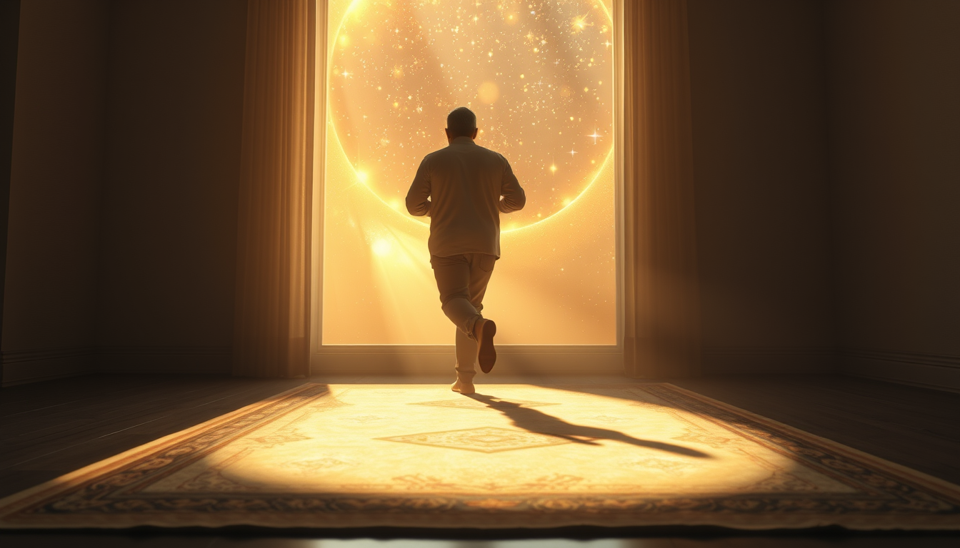 Main art studio: Prompt: A deeply inspirational, poetic, and cinematic conceptual art piece. A humble believer is taking the decisive, peaceful "first step" onto a cle