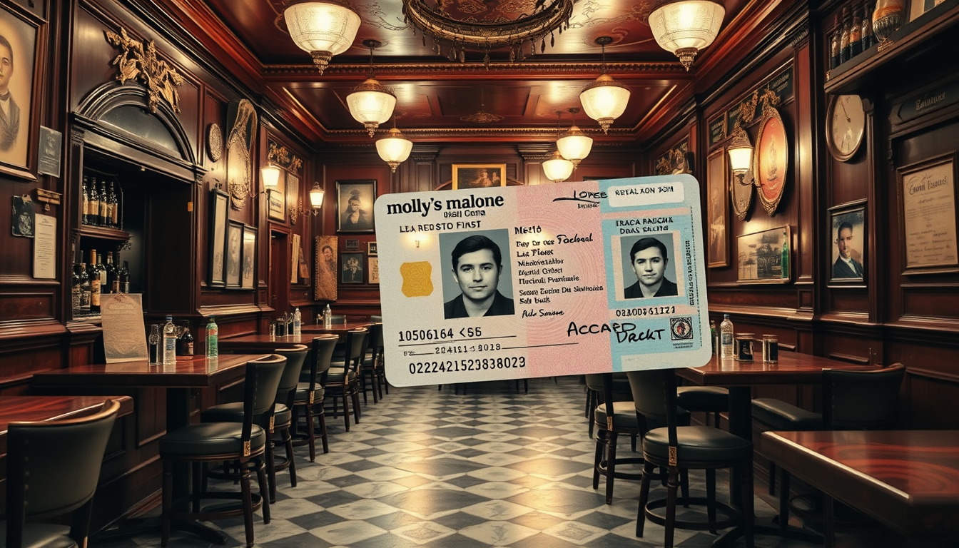 Main art studio: Hazme una foto real de un DNI español inusualmente grande tirado en medio de un clásico bar cervecería mollys malone vacío con el suelo sucio. Solo qu