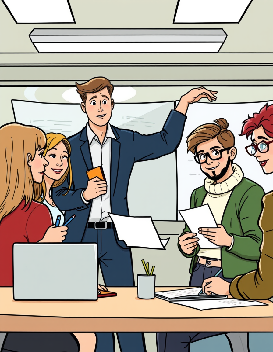 Main art studio: comic style. Ligne Claire. A team working together. With flipchart. someones are writing notes. Everybody ha a papercard in his hands. Friendly lookin