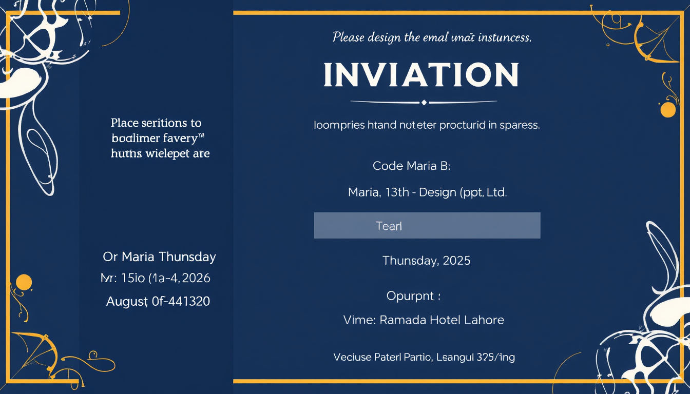 Main art studio: Please design the email invitation poster: Main Title : Code Maria. B. At top corner write Maria. B Design (Pvt) Ltd, another corner Department of Hum