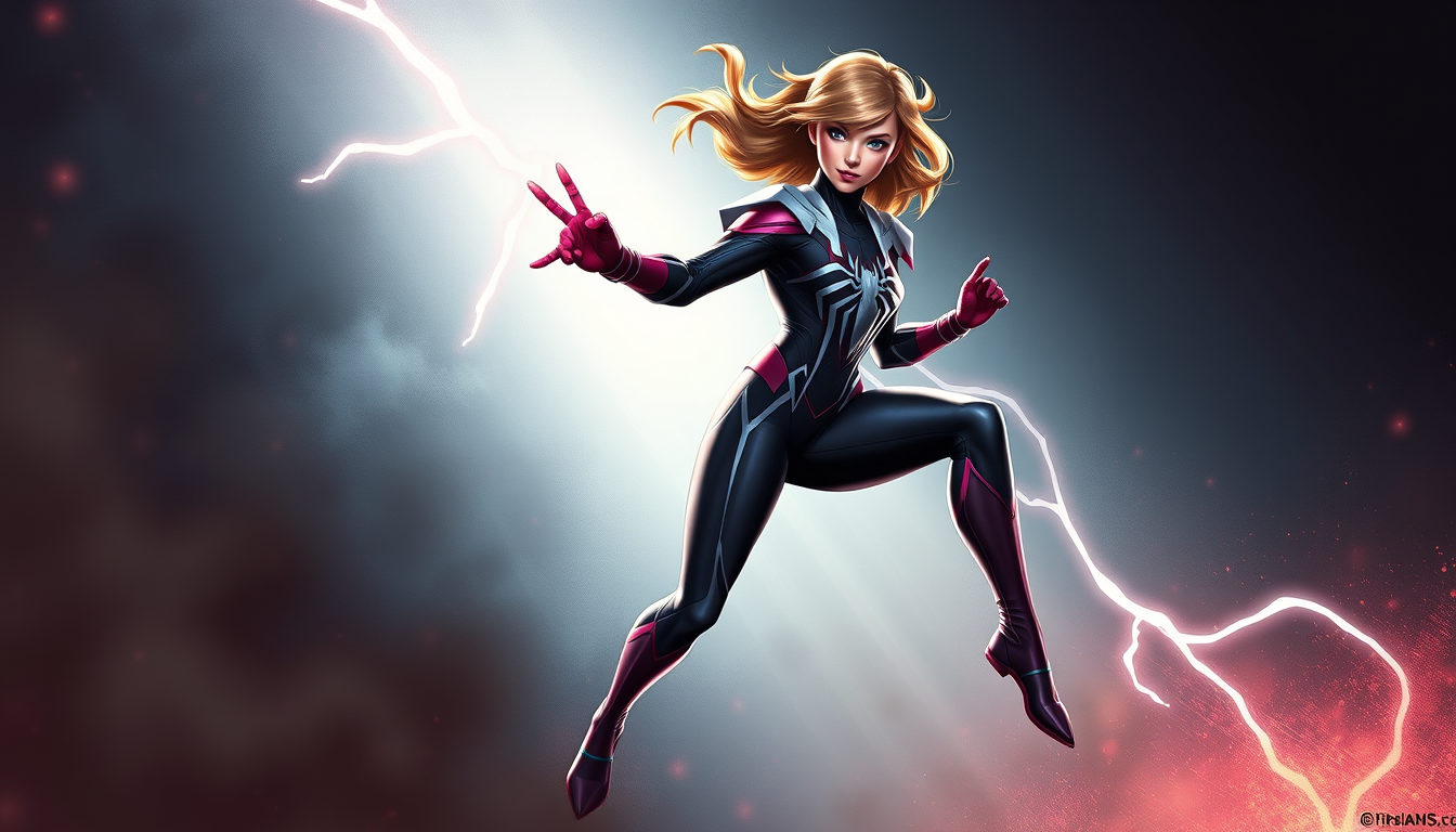 Superhero idea created from the prompt: original superhero character design, dynamic pose, bold costume, dramatic lighting, comic art energy, A girl with spider gwen costume (She I