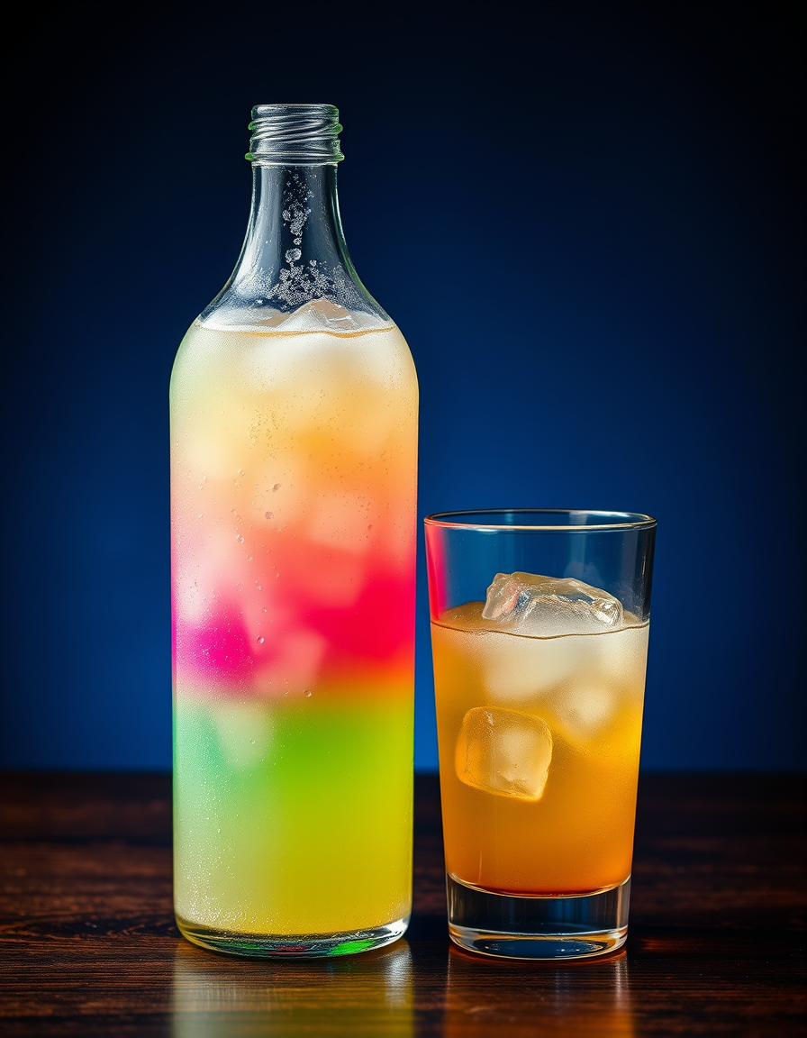 Main art studio: Colorful homemade Japanese craft soda served in a retro glass bottle and vintage diner-style glass, vivid mint green, pink and lemon yellow colors, sp