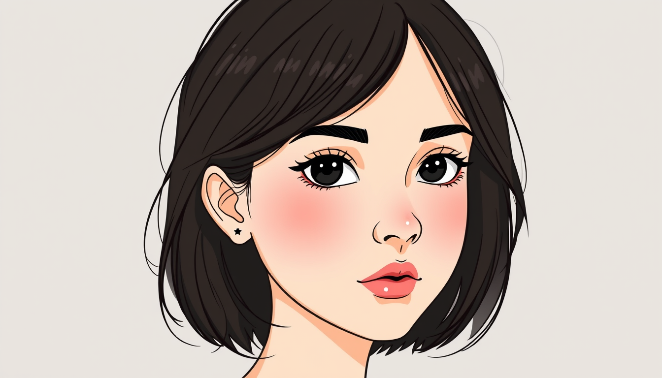 Main art studio: Make a girl with medium dark brown hair, round face, black eyes make that drawing make the drawing kind of Vector Graphic
