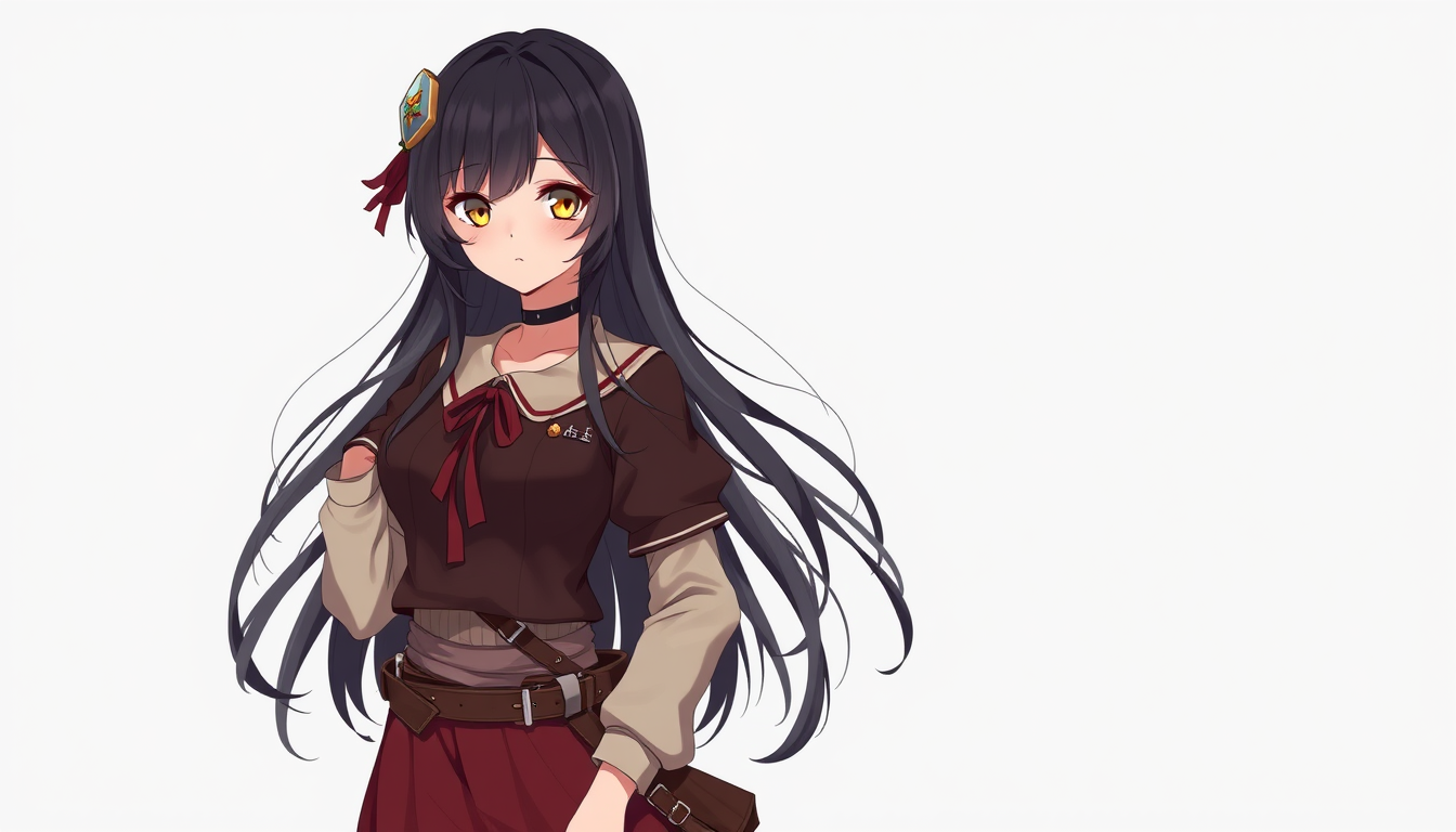 Characters idea: original character design, detailed outfit and accessories, expressive personality, A girl with long black hair, 158 cm tall and weighing 50 kg, with