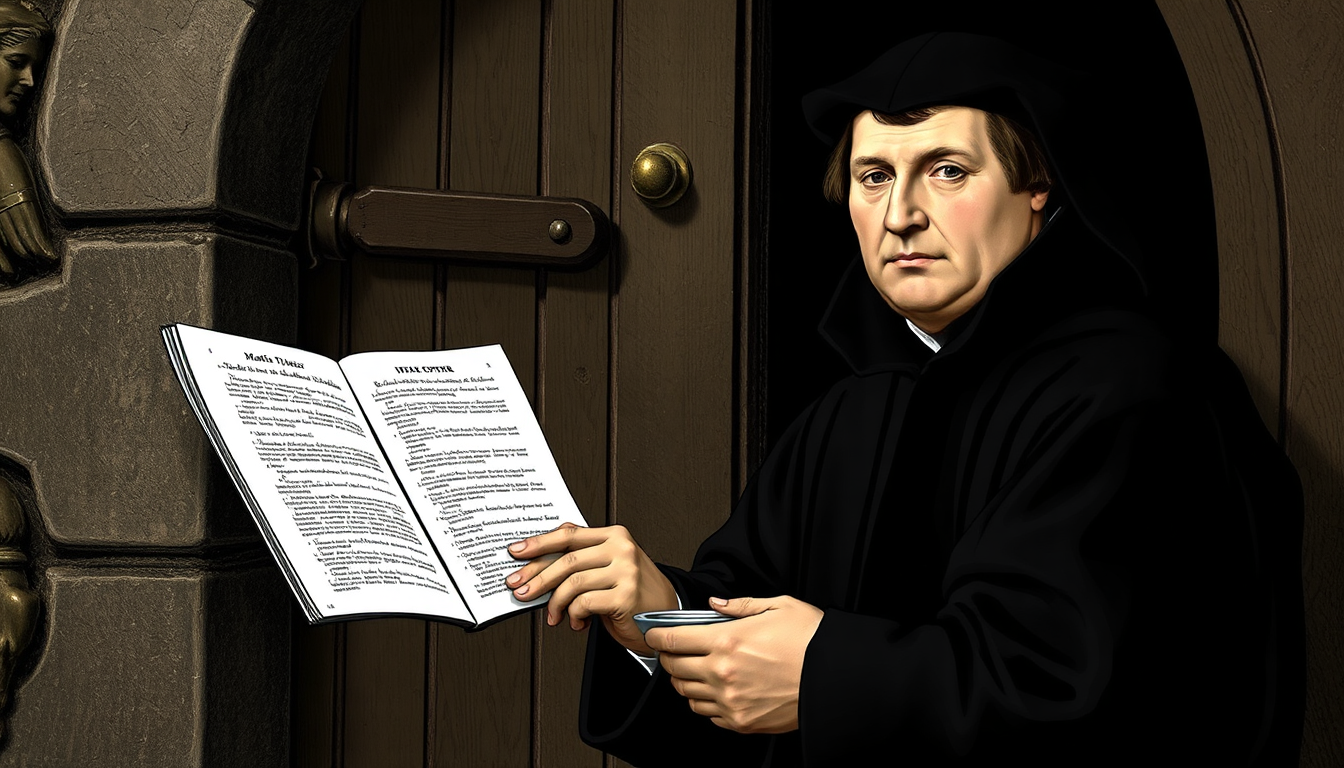 AI Art prompt example created from the prompt: Bild von Martin Luther, der seine 95 Thesen vor einer Türe der Kiche nagelt