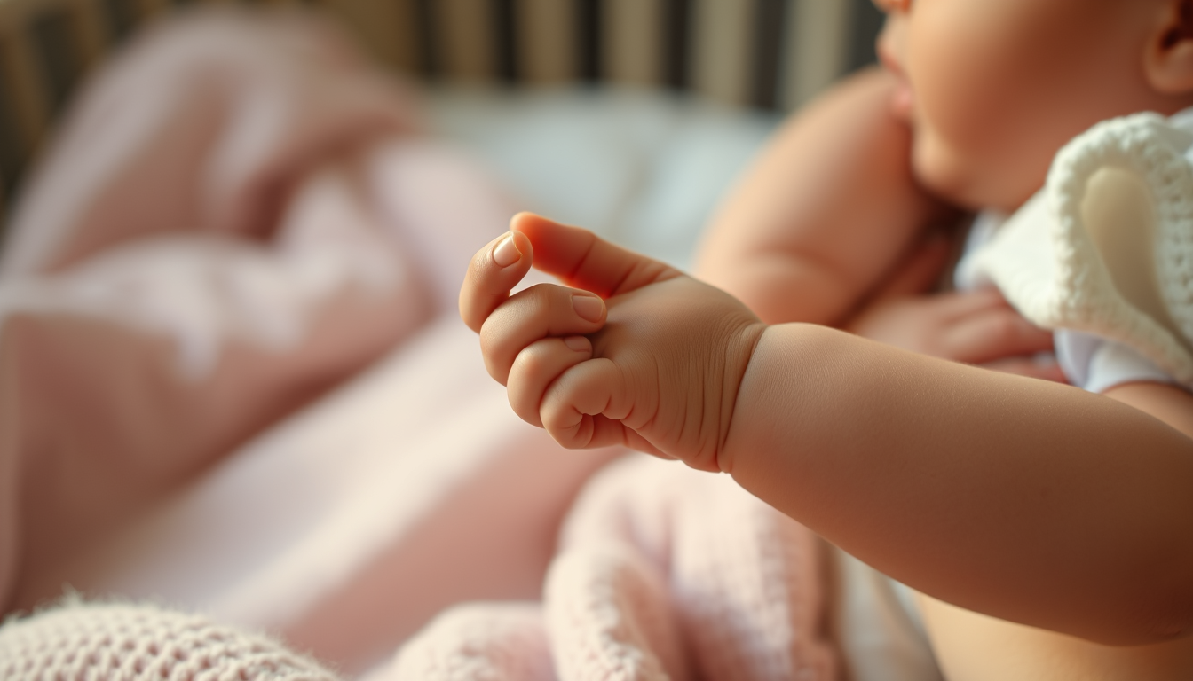 Main art studio: Tiny baby hands gently holding mother's finger, close-up emotional mother-child bonding, soft blanket and cradle visible in background, warm golden li