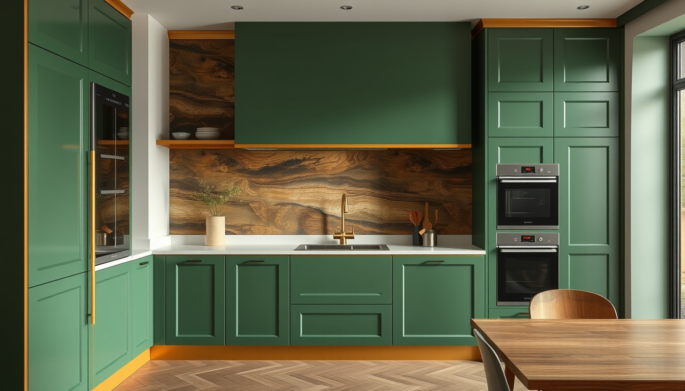 Main art studio: green kitchen with gold trim. Wall is rammed earth with green gold and browns with some striated layers but not too many
