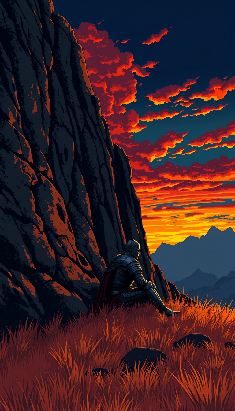 Main art studio: Highly detailed 16-bit pixel art, dark fantasy medieval atmosphere, an armored knight resting against a massive rocky cliff, sitting in golden-brown g