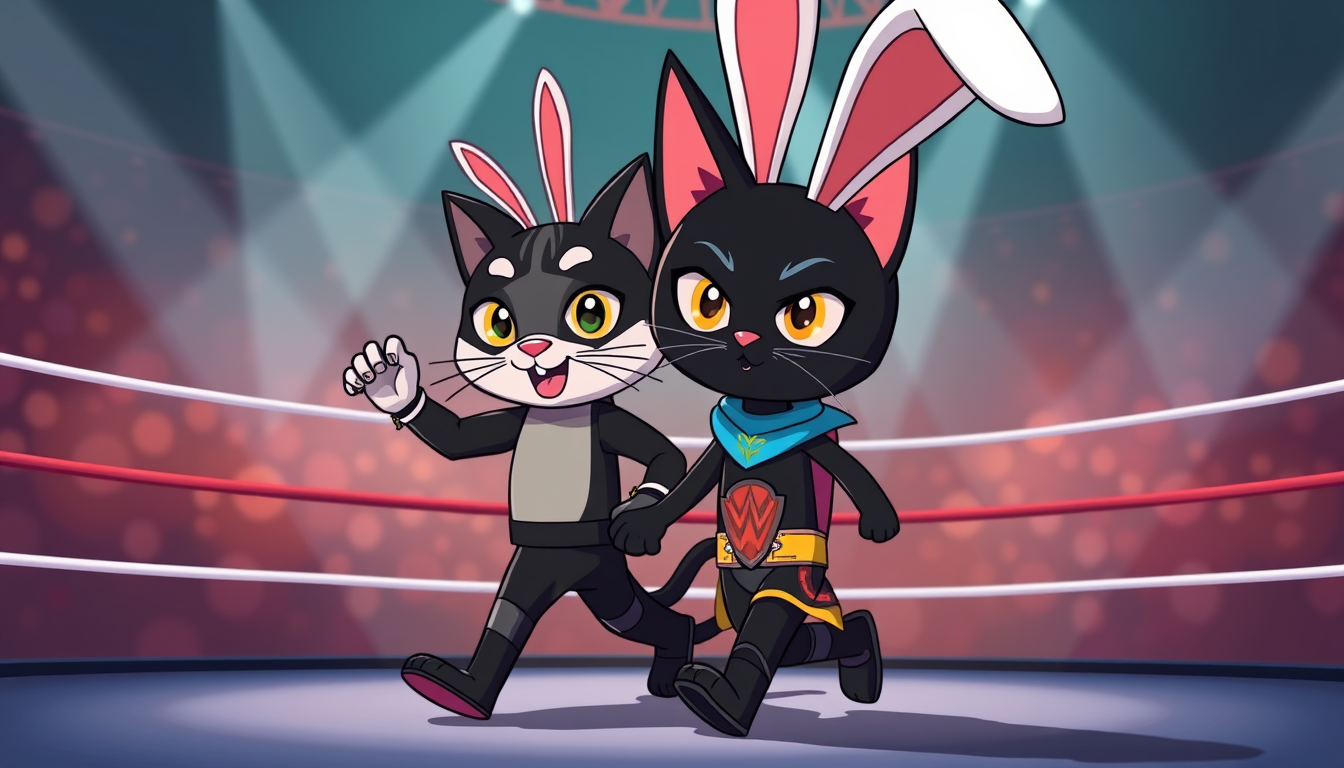 Main art studio: kids cartoon black walking cat and bunny wear lucha musks in a wwe ring