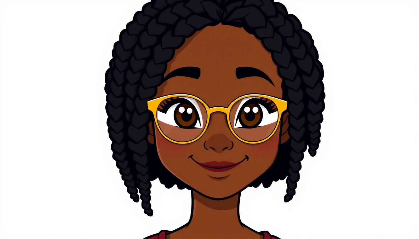 Cartoon Avatar idea created from the prompt: cartoon avatar, head-and-shoulders, bold outlines, flat shading, a cute young dark black woman, with medium braided nappy black hair, she ha