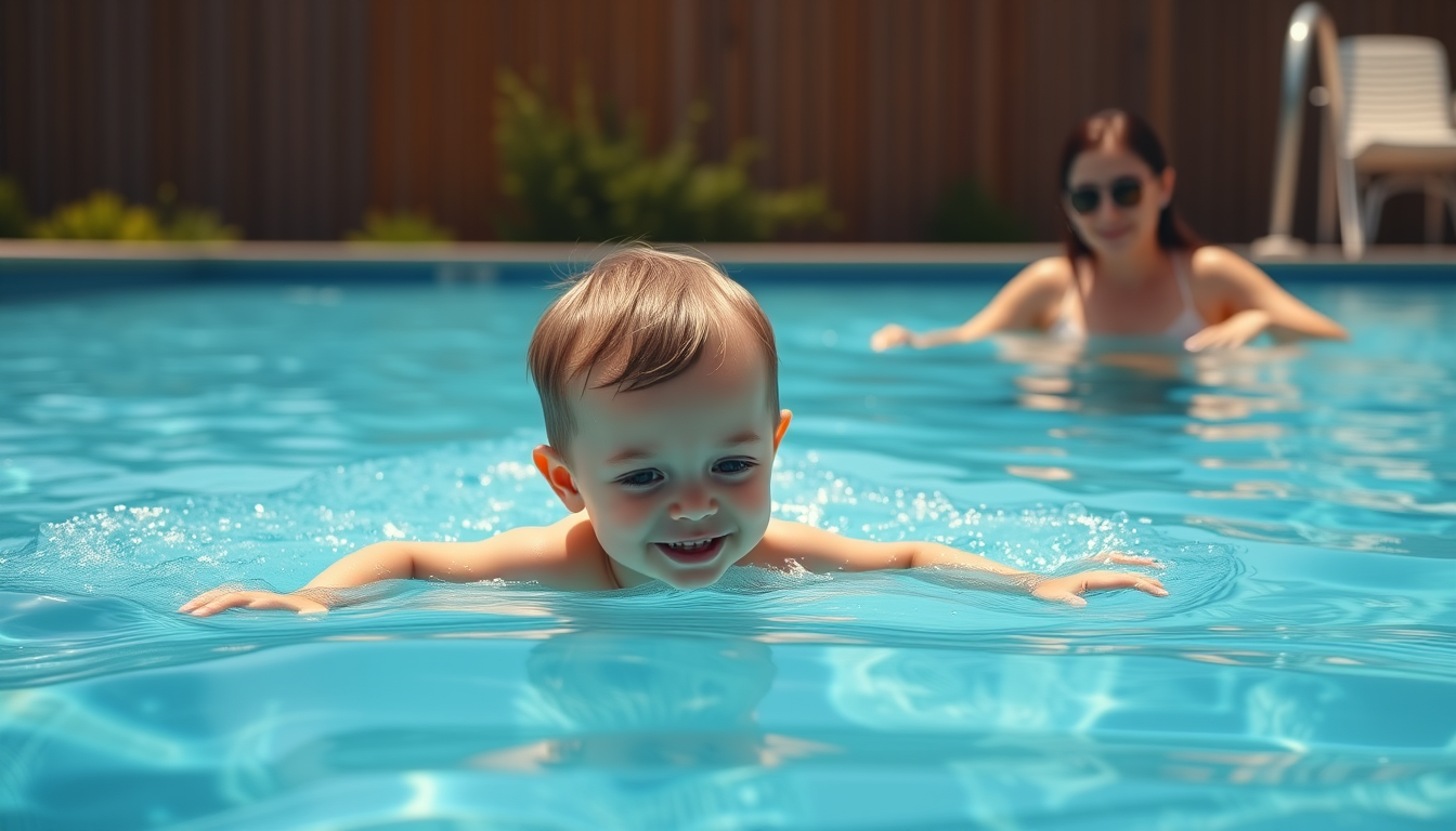 Main art studio: Realistic vertical 9:16 photograph of the same young child in the same family swimming pool, swimming toward the deeper part of the pool while the mot