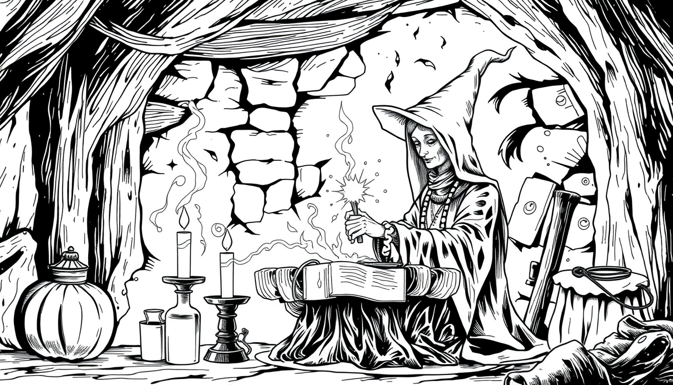 Main art studio: line drawing of an old female witch at her altar casting a spell