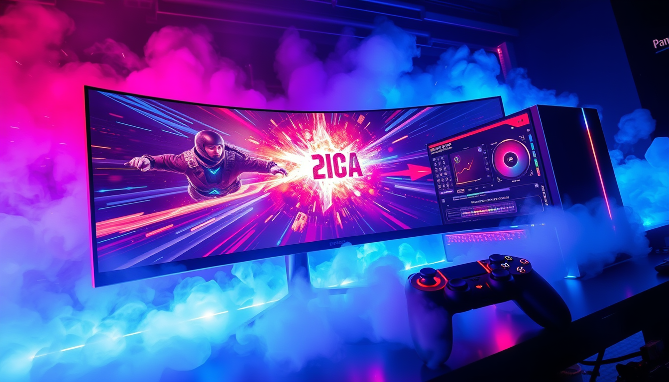 Main art studio: Ultra epic gaming banner, massive futuristic gaming setup, giant curved monitor with an intense action game, glowing RGB PC, floating controller, neon