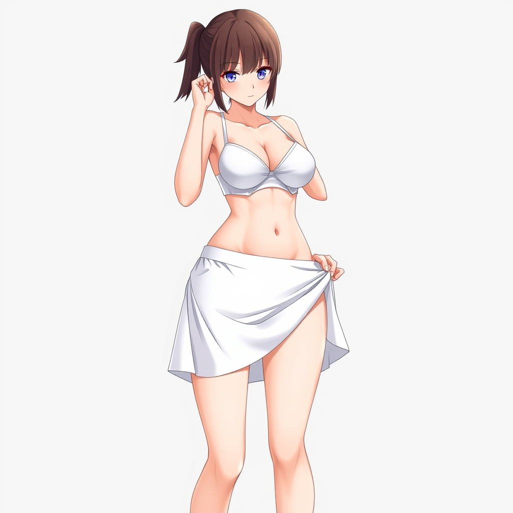 Main art studio: A mature anime-style girl wearing a short white skirt; she is lifting her skirt to reveal white panties and pulling up her top to expose a white bra.