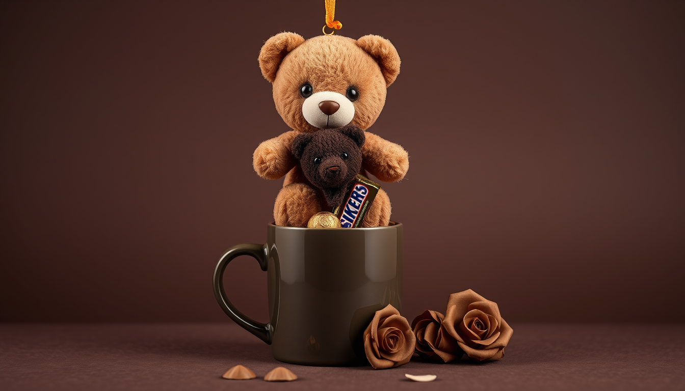 AI Art prompt example created from the prompt: Photorealistic luxury gift product photography: a matte brown helium teddy bear hanging above a dark chocolate-brown mug. The mug contains e