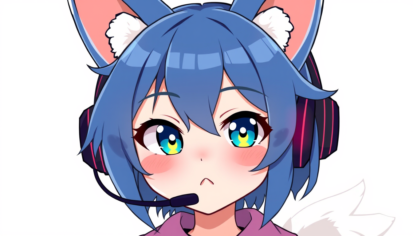 VTuber idea: vtuber avatar character, anime style, expressive face, streaming-ready design, blue-haired fox girl with headset and glowing eyes , clean vtuber model