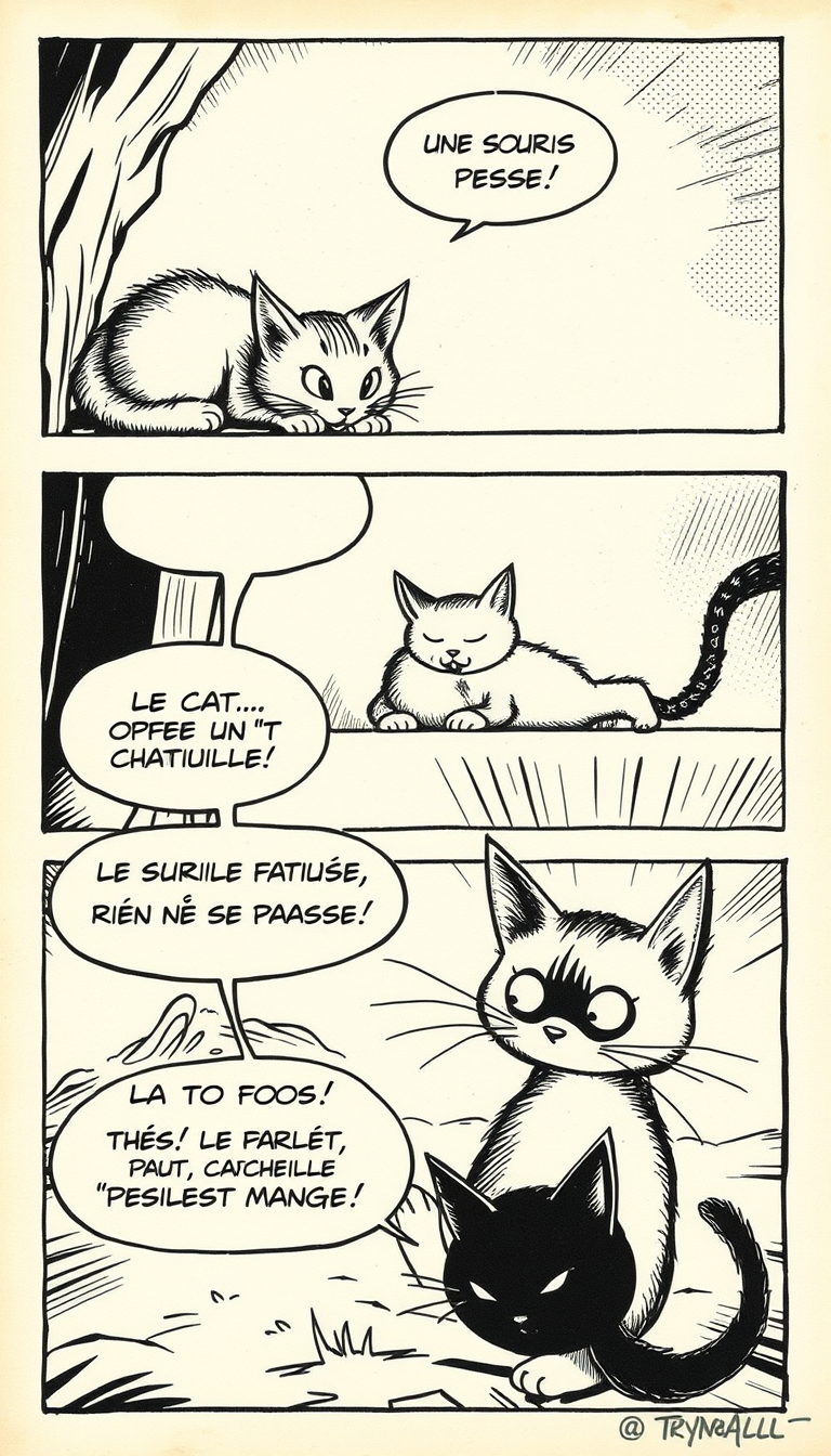 AI Comic idea created from the prompt: comic panel, bold inks, halftone shading, speech-bubble ready composition, Style cartoon vintage. Un chat dort. Une souris passe. Le chat ou
