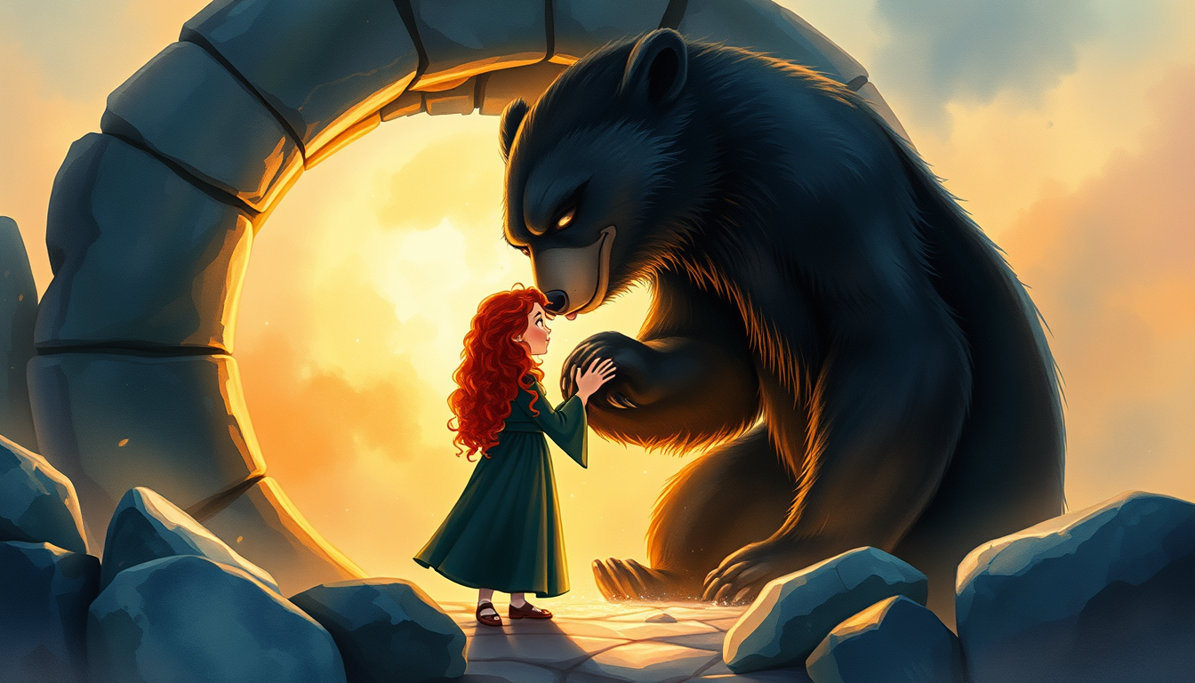 Main art studio: Merida stands beside Queen Elinor, who is a large black bear, inside an ancient stone circle. Merida gently holds her mother's paw and looks at her wi