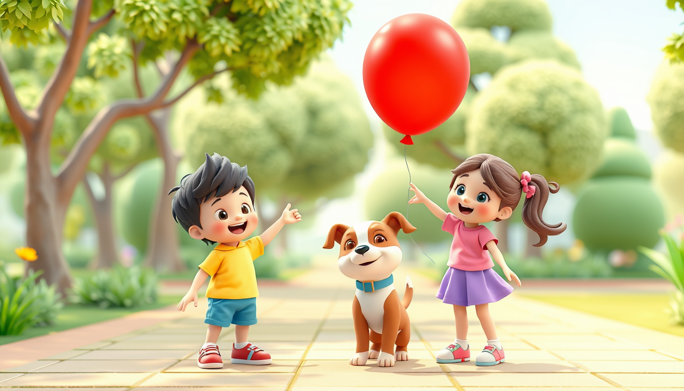 Main art studio: Aru, Mia and Bobo together in a bright, colorful 3D children's park. Aru, a cute young boy wearing a yellow shirt, blue shorts and red shoes, and Mia,