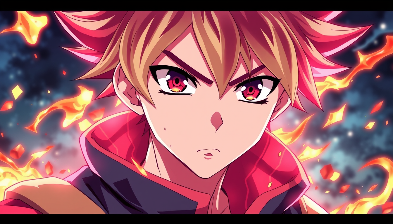 Anime idea: anime style, vibrant colors, expressive eyes, Personaggio simile a bakugo con poteri di fuoco e con occhi neri e biondo , detailed anime illustration