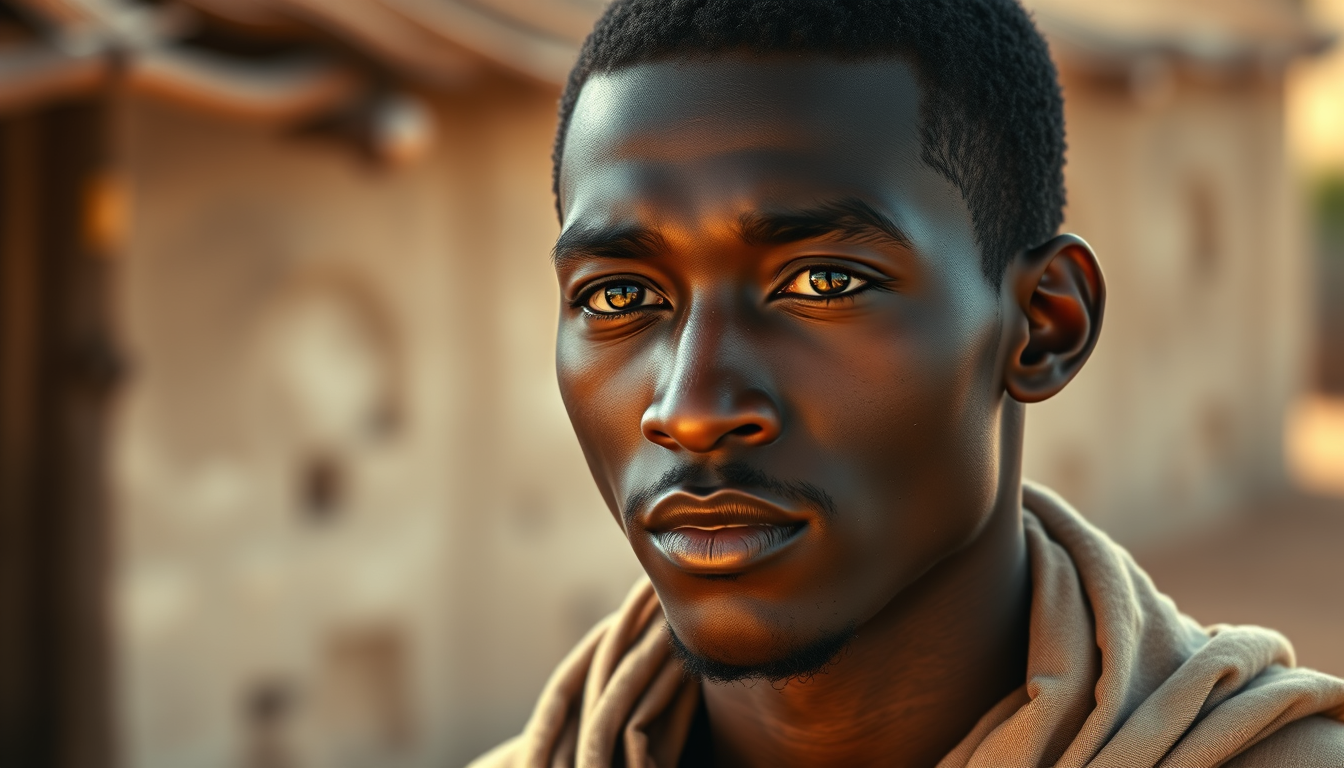 Main art studio: Ultra-realistic cinematic portrait of Madeje, a 23-year-old East African Christian man with a gentle, clean-shaven face, short neat natural black hair