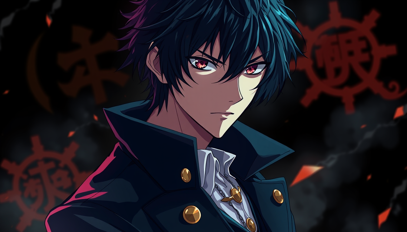 Anime idea: anime style, vibrant colors, expressive eyes, Original male anime detective, full body, long black coat with elegant bronze details, sharp mysterious