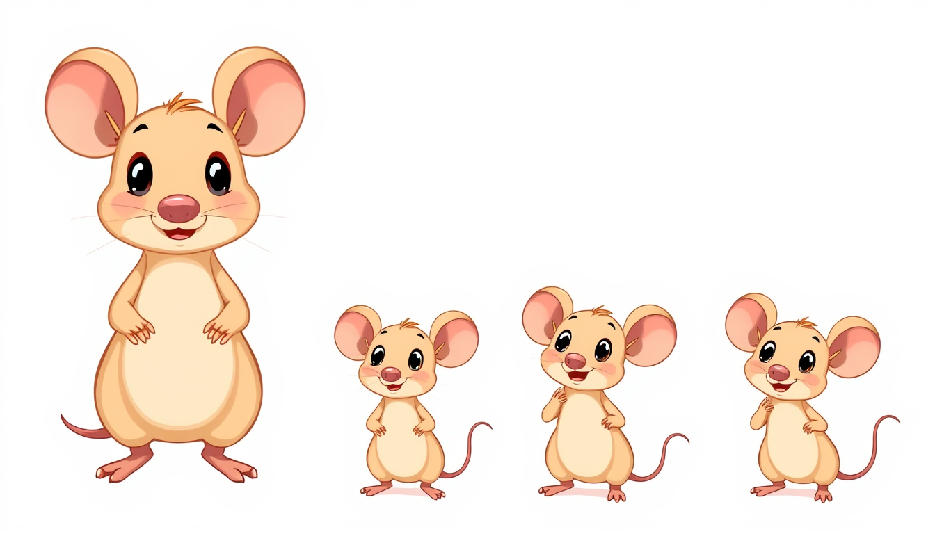 AI Art prompt example created from the prompt: 2D hand-drawn cartoon character sheet for a children's fable. One tiny light-brown mouse with a cream-colored belly, large round ears, pink 