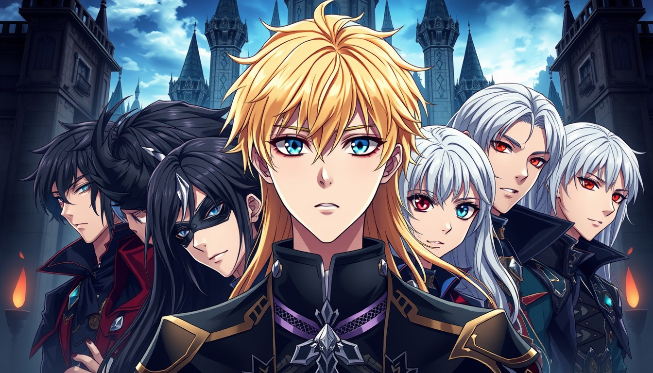 Anime idea: anime style, vibrant colors, expressive eyes, Create a beautiful dark fantasy anime group portrait featuring nine original characters in front of a ro