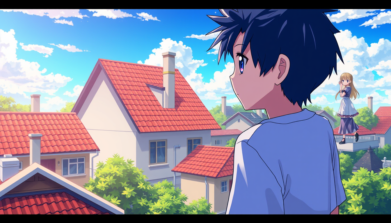 Anime idea: anime style, vibrant colors, expressive eyes, An anime boy on a rooftop seeing a girl neighbouring houses rooftop , detailed anime illustration