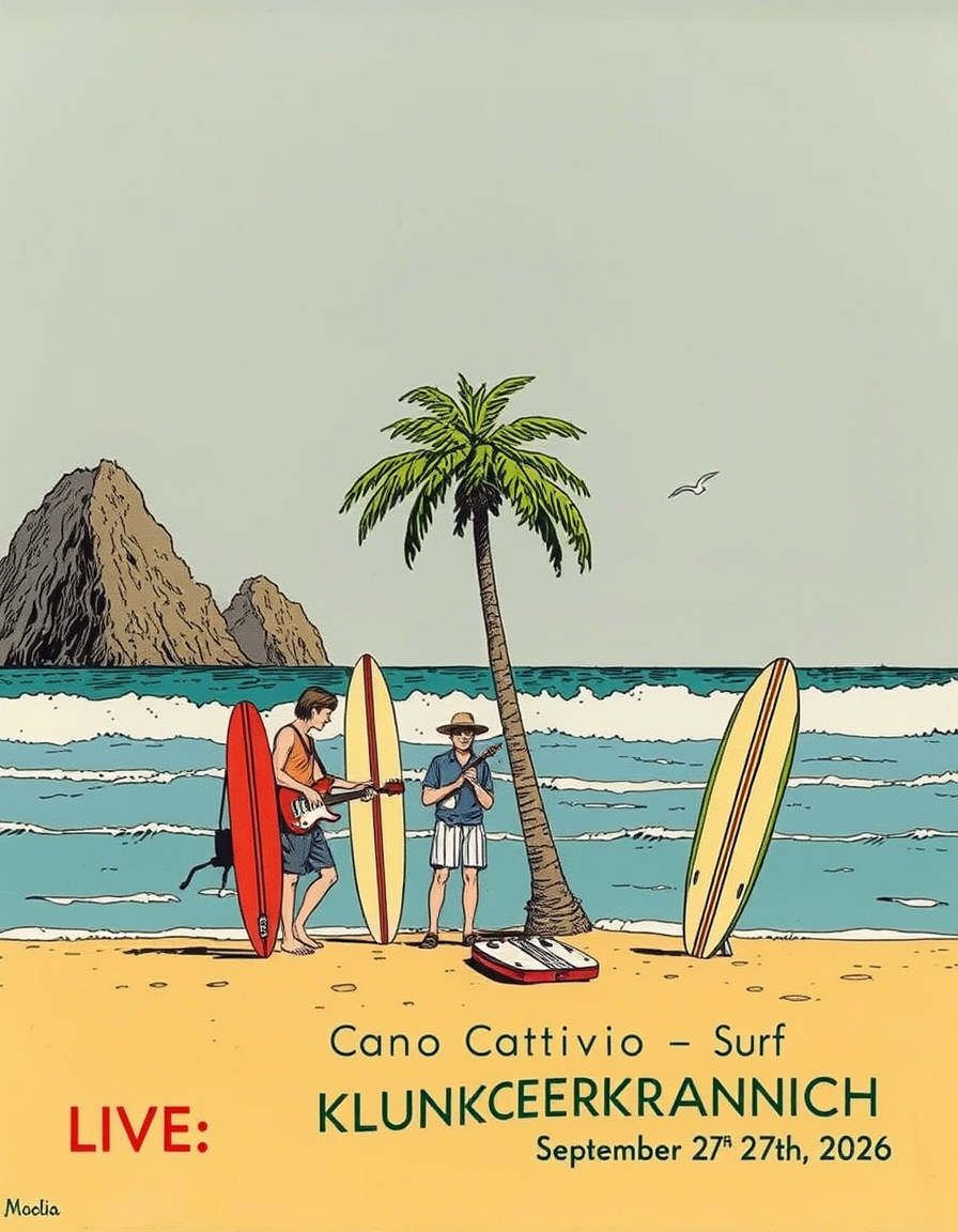 Main art studio: Generiere ein Bild im Franco belgischen surrealen Comicstil (Moebius) Am Strand mit Gischt, paar Felsen und 2 Palmen steht in einiger Entfernung eine