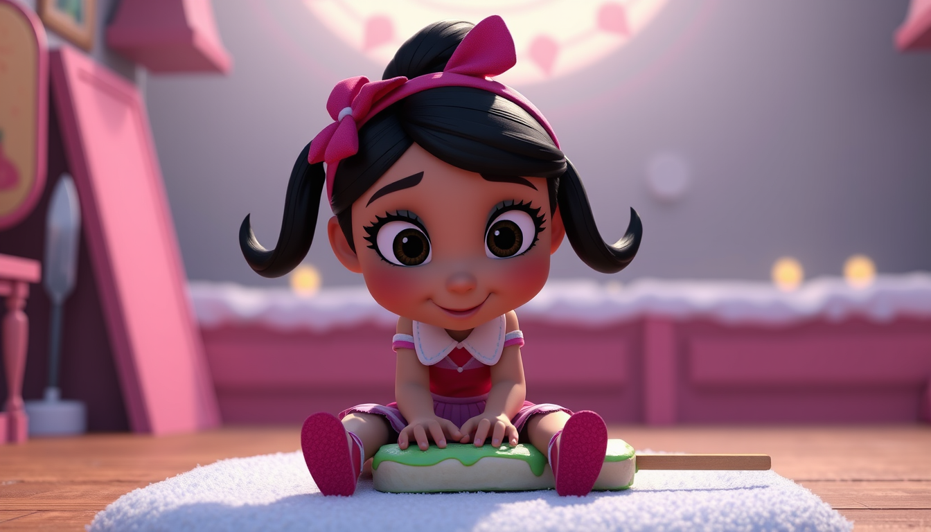 AI Art prompt example created from the prompt: give me vanellope vonsweet from wreck it walph, doing the splits on a popsicle with the paper stick part prodding against her rear end”