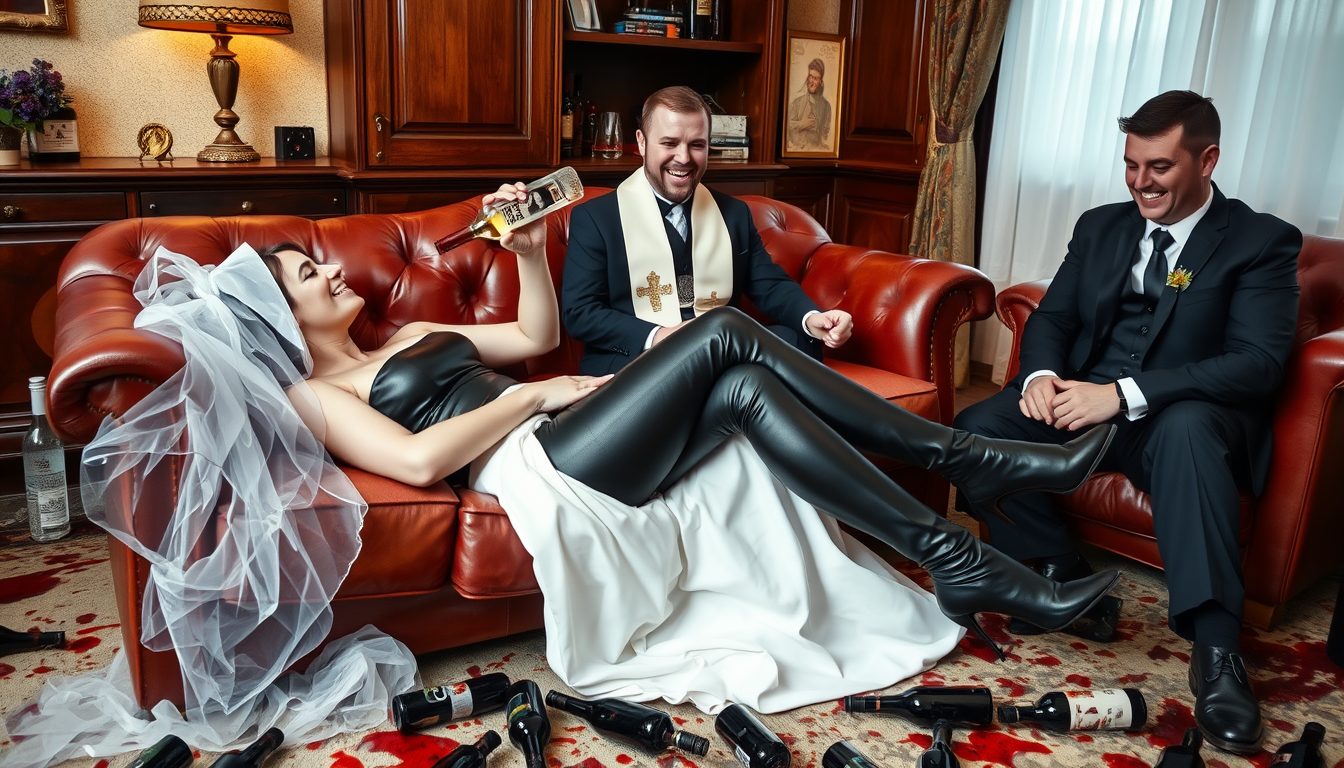 AI Art prompt example created from the prompt: A drunk bride wearing a veil, a leather top, long tight leather trousers, and high heels is lying on a couch, drinking vodka from the bottle