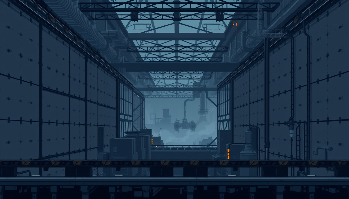 Main art studio: Wide horizontal 2D pixel art background for a precision platformer game, abandoned industrial factory interior, large steel wall panels, metal support