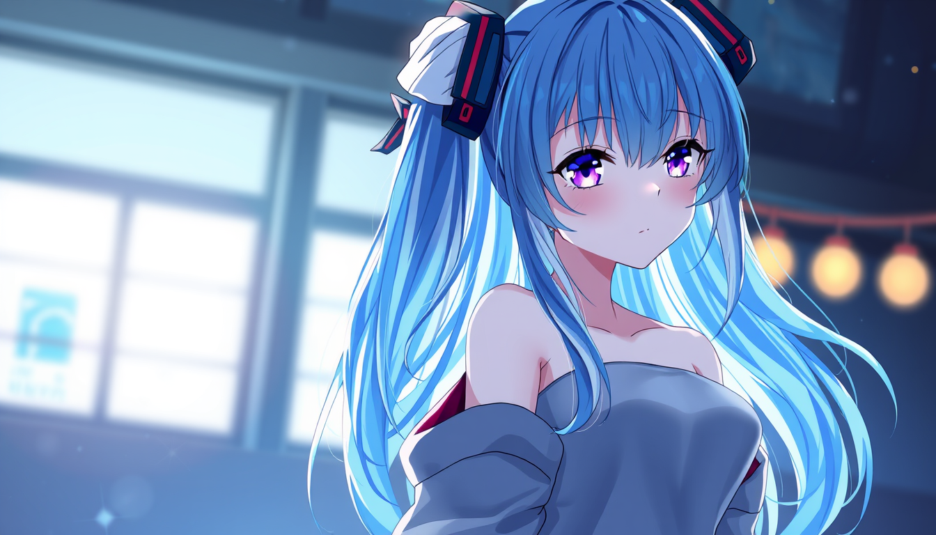 Main art studio: A super hot ai anime blue and white haired mix with her clothes off