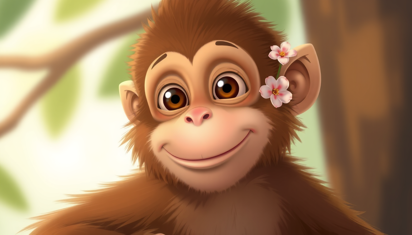 Main art studio: Mama Monkey — a kind adult monkey with warm brown fur (slightly darker than Milo's), soft caring eyes, a gentle smile, and a small flower tucked behin