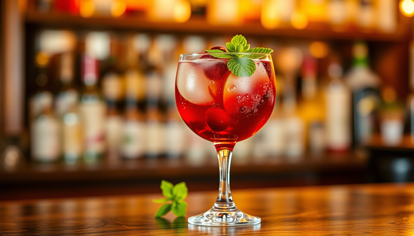 Main art studio: A realistic Irish-American fusion cocktail in an elegant glass, combining American apple and cranberry flavors with traditional Irish elements like gi