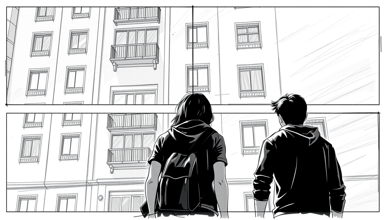 Storyboard idea created from the prompt: storyboard panels, cinematic shot sequence, clear camera angles, grayscale sketch layout, readable scene flow, 2 jovenes con ropa casual mir