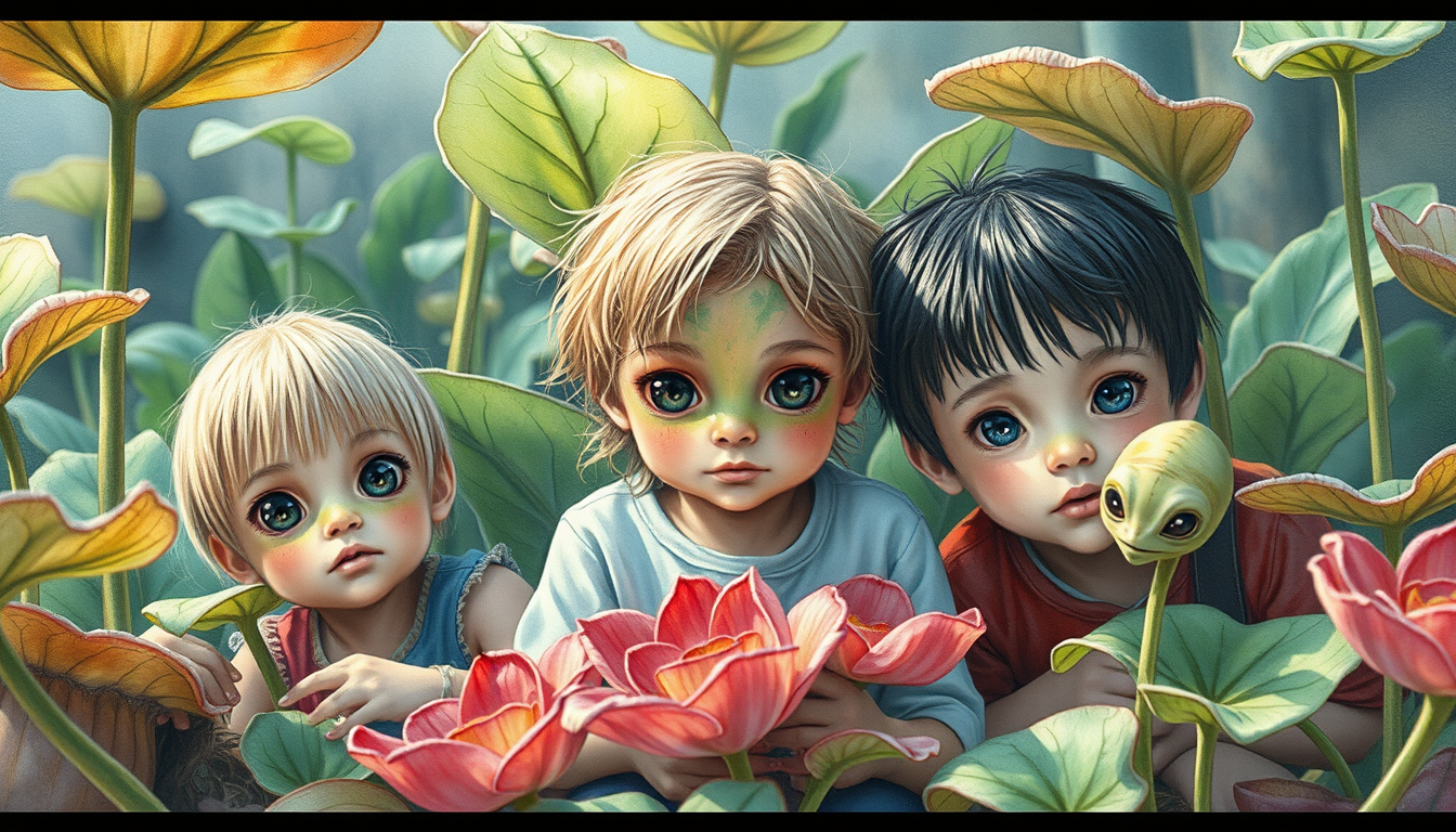 AI Art prompt example created from the prompt: Innocent kids, 2 female and 2 male kids found a rare 5 mini kid different alien faces that comes out in a Venus trap plants. ... make sure t