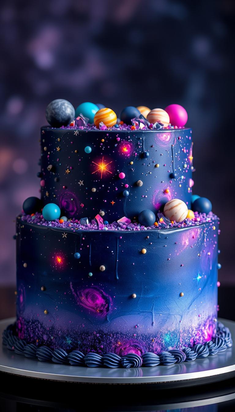 Main art studio: Ultra-realistic space-themed cake covered in deep dark-blue and purple frosting, decorated with glowing stars, colorful planets, tiny moons, sparkling