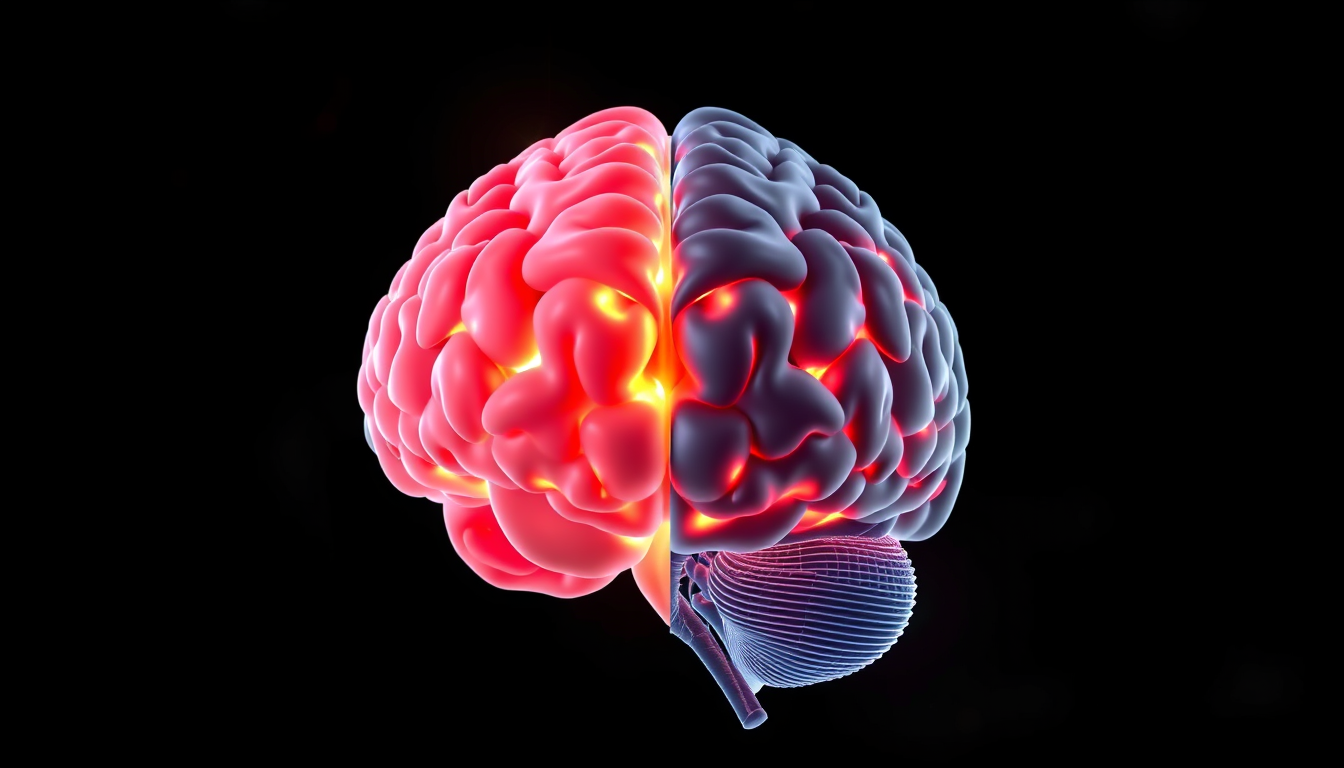 Main art studio: Ilustración médica realista del cerebro humano mostrando el daño neurológico asociado al consumo crónico de metanfetamina (cristal), con áreas afectad