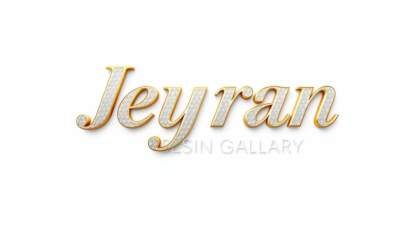 Main art studio: Create a luxury profile logo for a resin art channel. Write "Jeyran" in large, bold, elegant letters, and "Resin Gallery" smaller underneath. White an