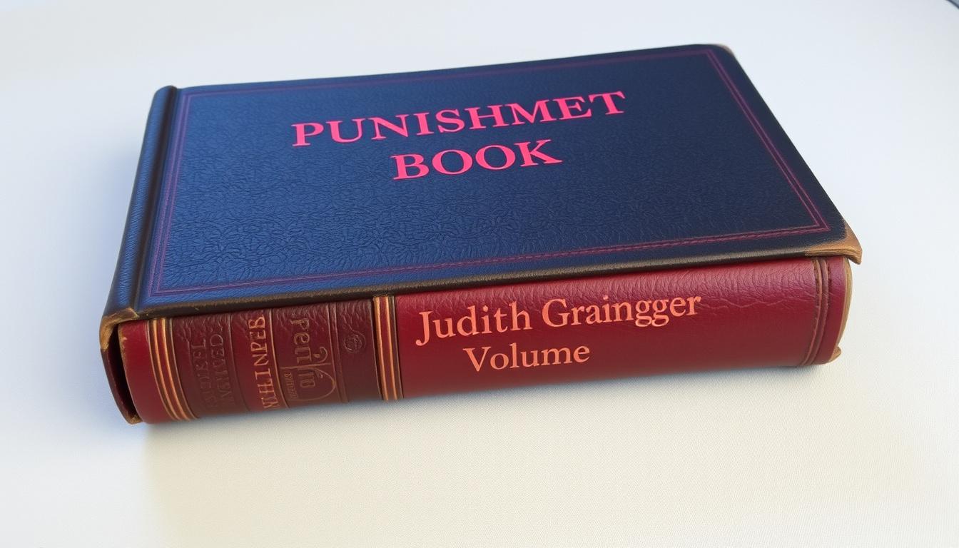 Main art studio: Black Leather bound book. In red lettering to cover. Judith Grainger. Punishment Book. Volume 2.