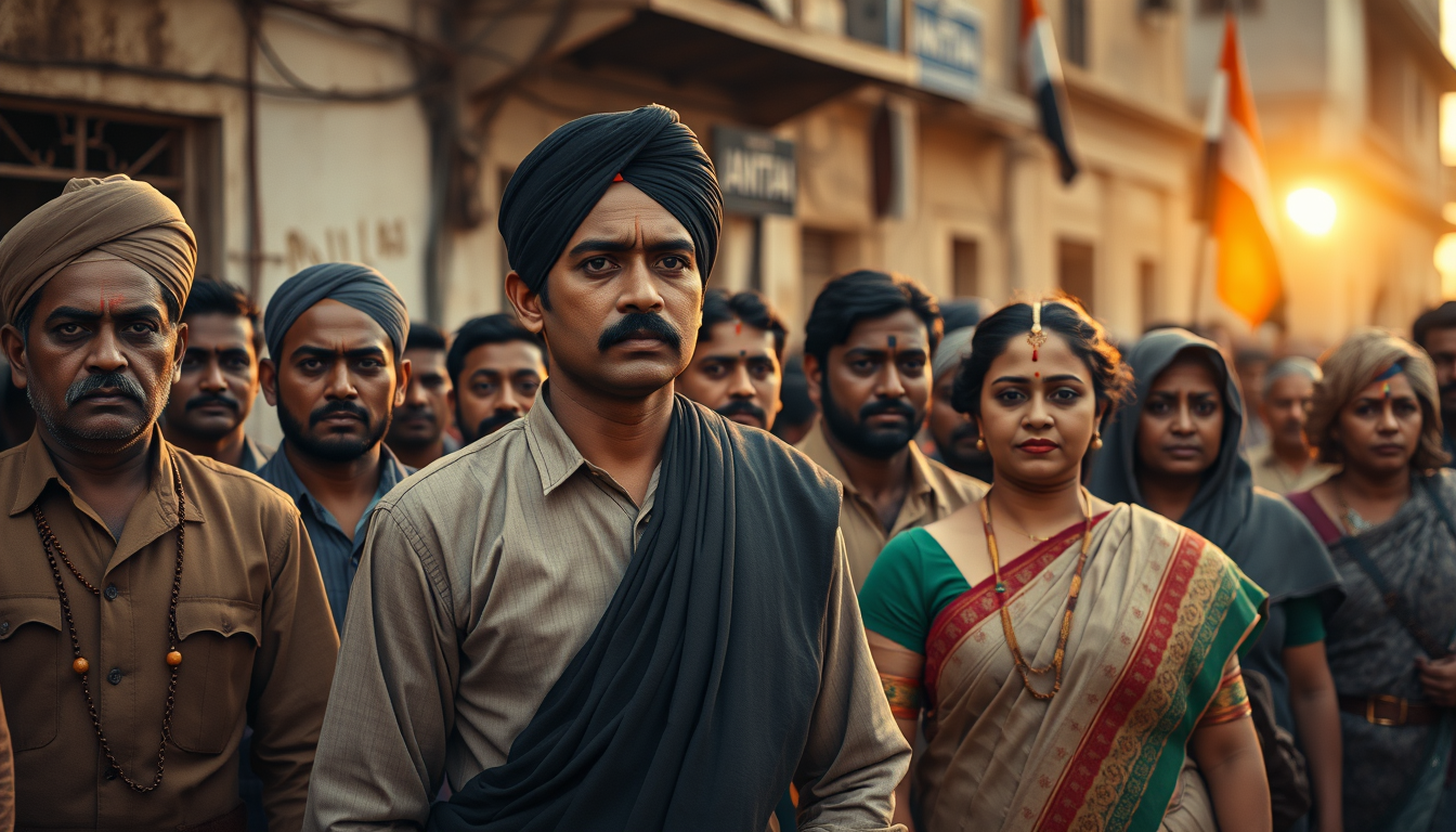 Main art studio: Ultra photorealistic cinematic 4K historical scene of Indian freedom fighters standing together during the independence movement, men and women in aut