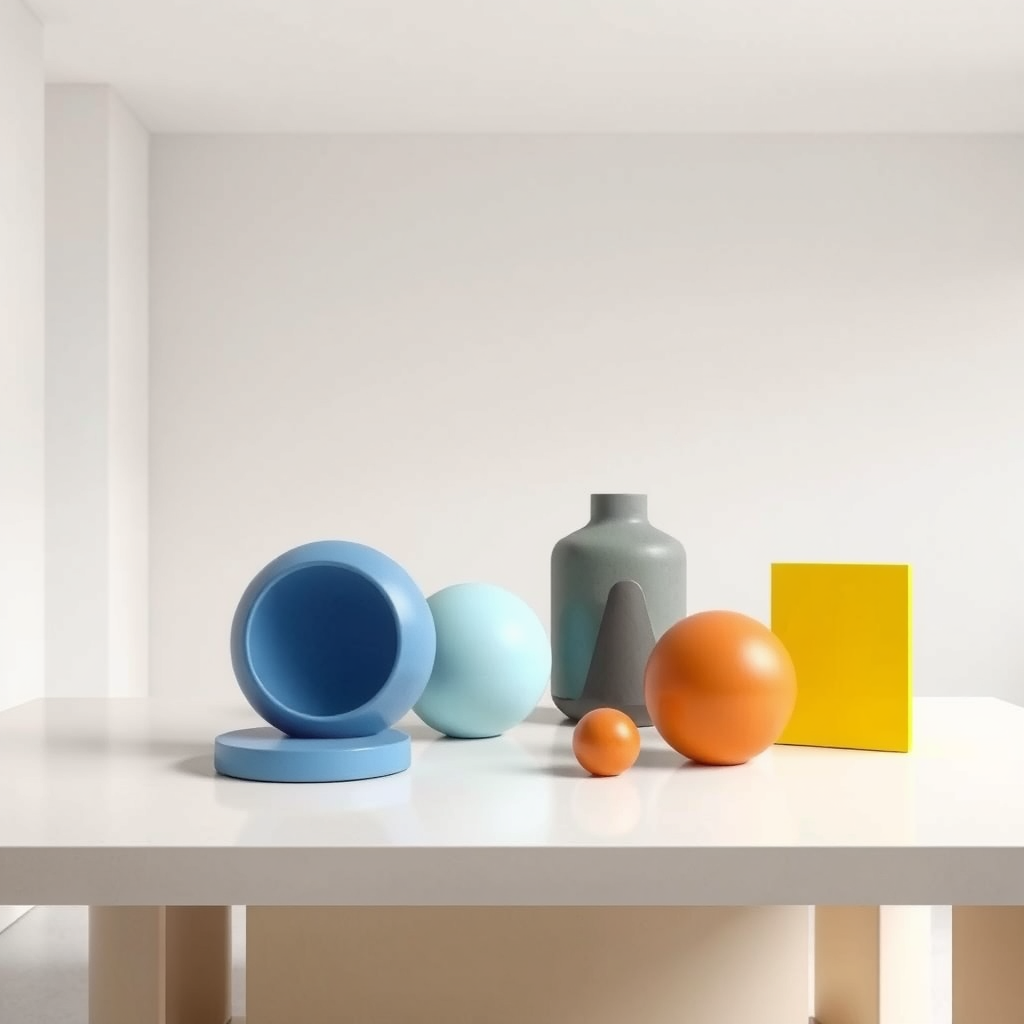 Main art studio: Still life of and Ultra minimal retro CGI forms on an table on a limial empty room. Basic colors. Bauhaus like minimalism and textures and colors. Ope