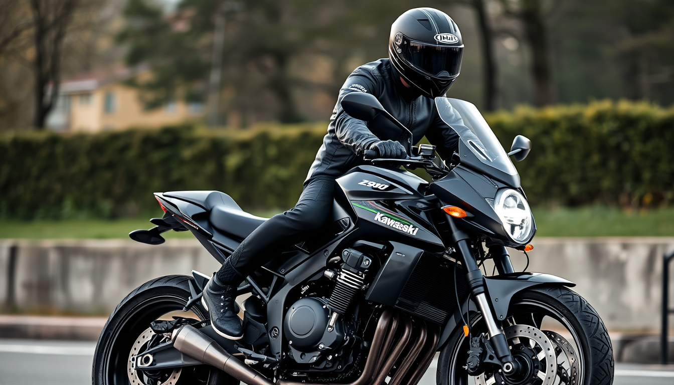 Main art studio: Kawasaki z900rs in schwarz. Fahrer sitzt drauf. Etwa 176 cm groß. 75 kg, Muskulösen Körper. Sportlichen Lederkombi in schwarz. Helm in schwarz. VISIER