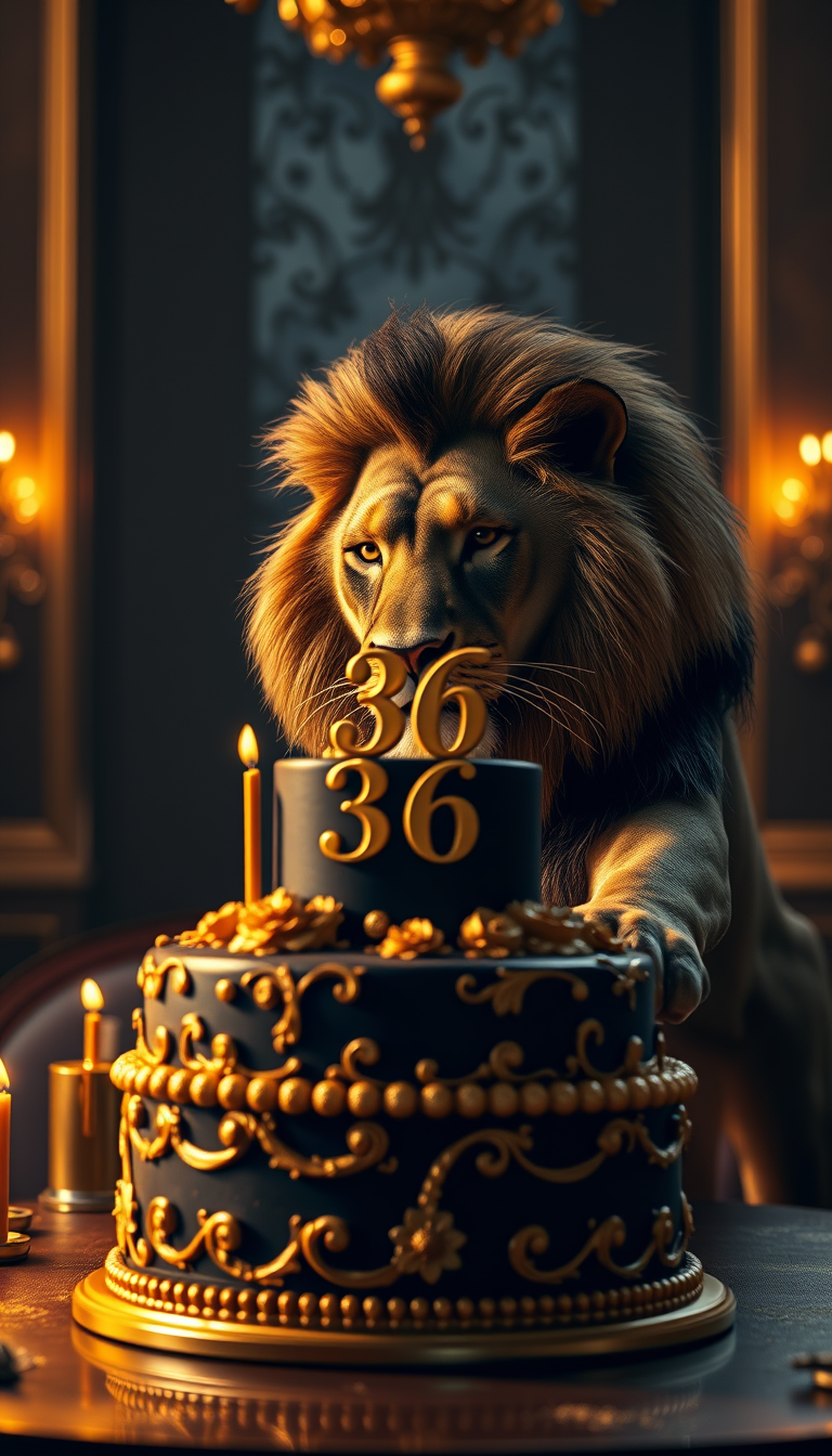 Main art studio: Ultra-realistic cinematic birthday scene, vertical 9:16. A majestic realistic lion gently pushing a luxurious black and gold birthday cake from right