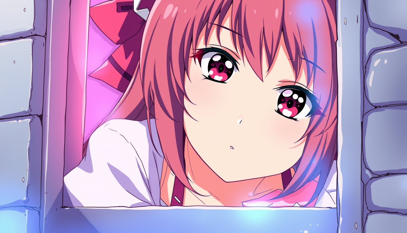 Anime idea: anime style, vibrant colors, expressive eyes, Hot woman tried to Crawl through a small Windows but didnt fit and now is stuck with the chest , detaile