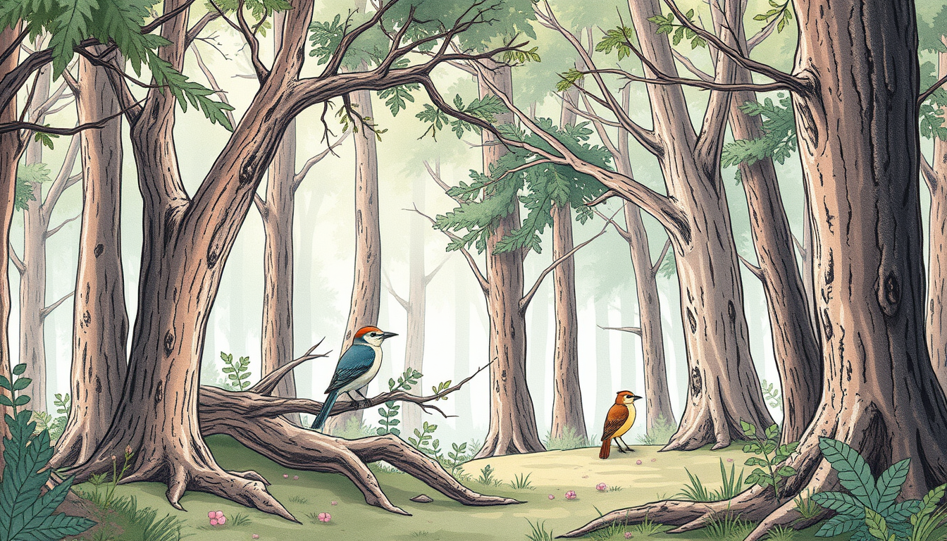 Main art studio: dibuja un bosque donde haya muchos pajaros y se vean de fondo monta;as el estilo tiene que ser Acuarela infantil dibujada a mano + líneas de tinta sua