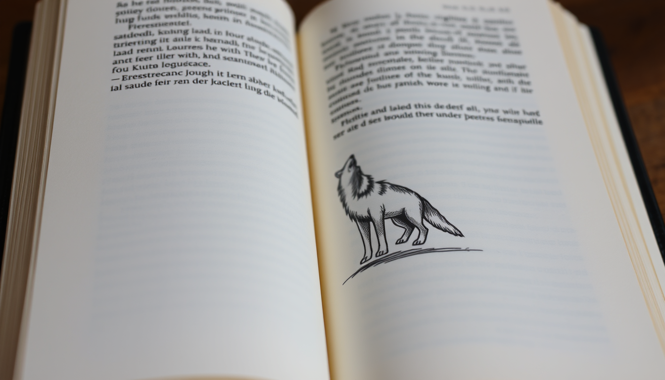 Main art studio: Ein aufgeschlagenes Buch mit einem kleinen, gezeichneten Wolf unten von der Buchseite.