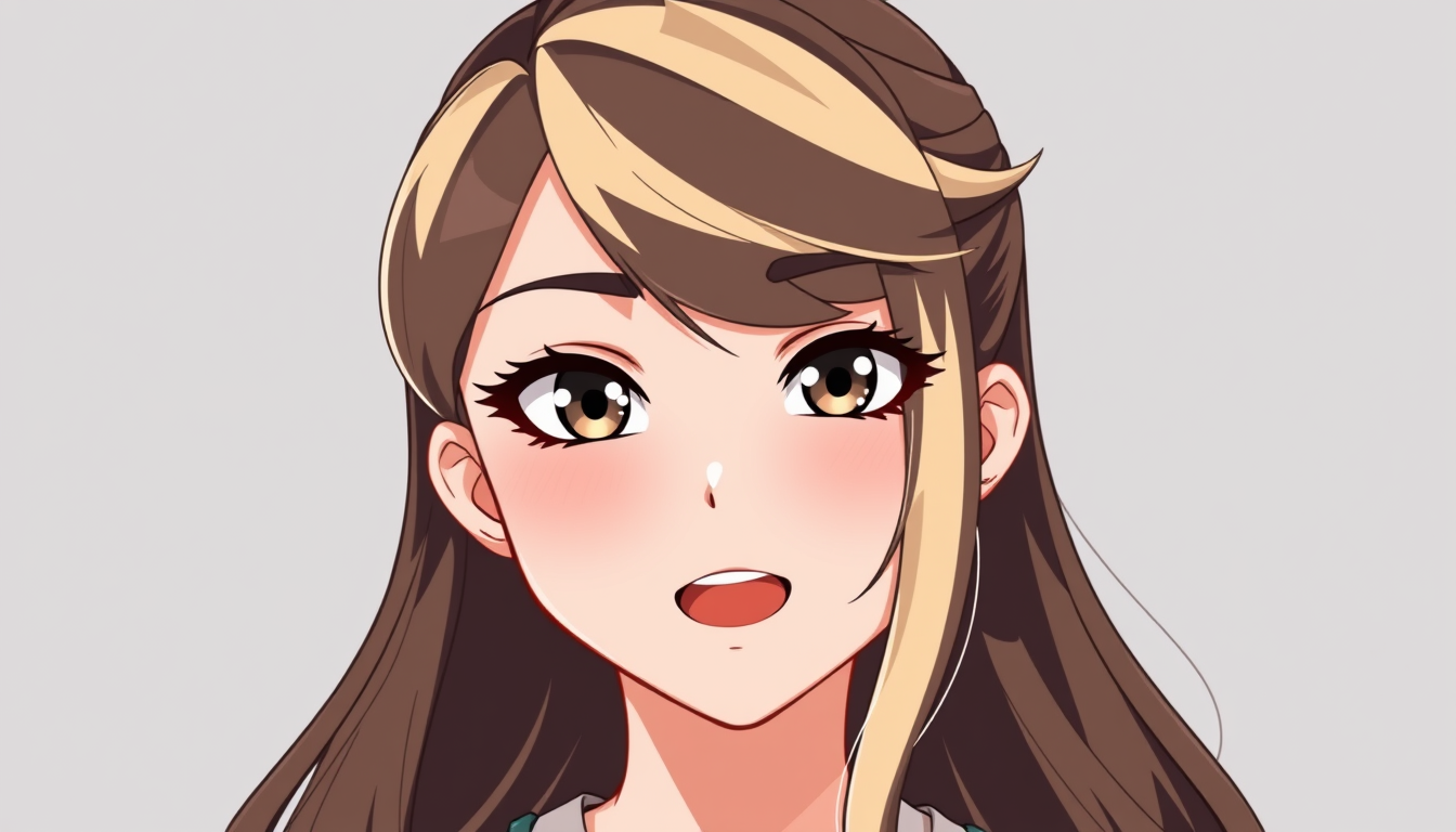 VTuber idea: vtuber avatar character, anime style, expressive face, streaming-ready design, Fem gyaru vtuber with pale skin, dark brown hair with blond streaks, he